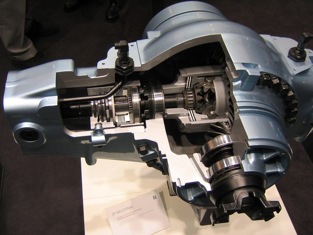 Cross-sectional cutaway view of ZF differential transmission showing internal gears, shafts, and mechanical components