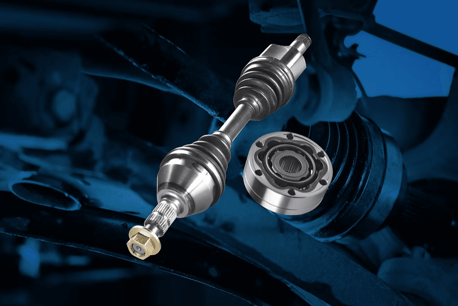 CV joint assembly with drive shaft and inner joint housing displayed against blue automotive background